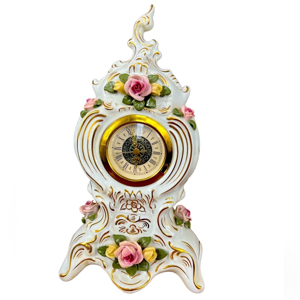 Vintage Lindner Handarbeit Germany Mantel Clock Roses